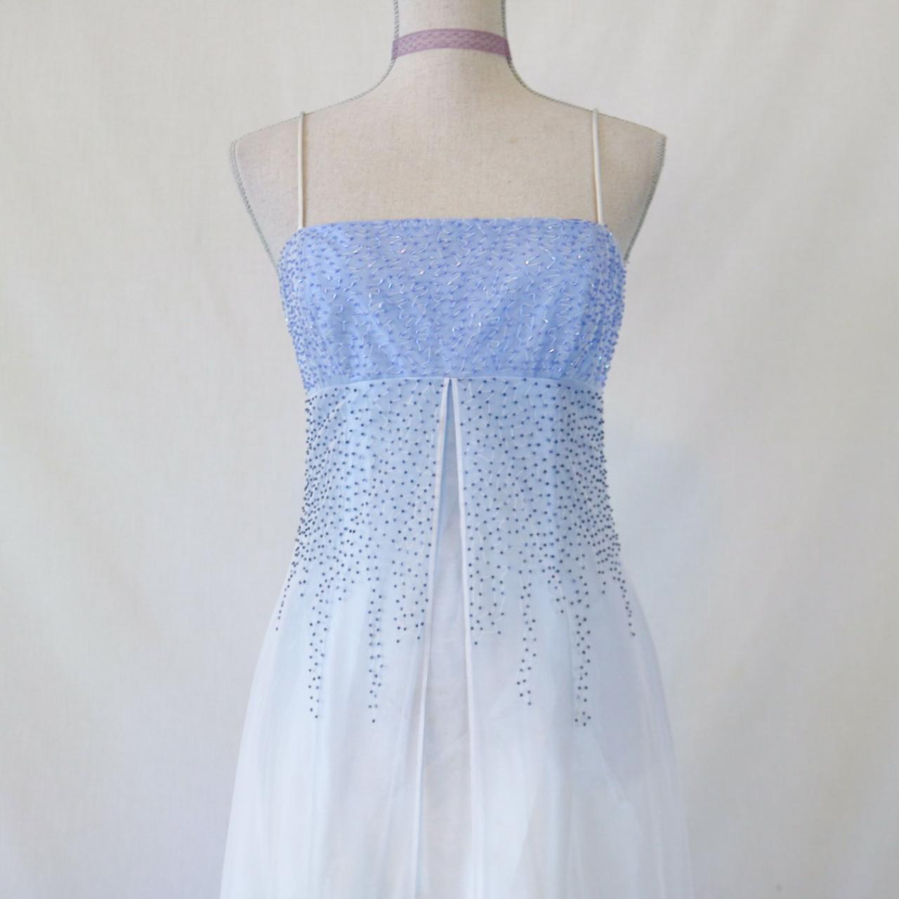 💙 Empire-Kleid, Vintage, hellblau, glitzernd, Ombre, Perlen, hohe Taille, langer Tüll, formelles Ballkleid, Abendkleid, Partykleid, nv4984