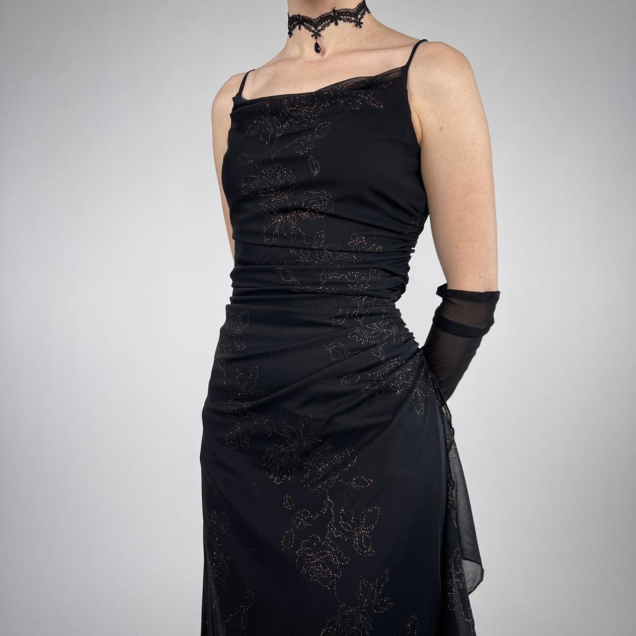 Robe de soirée longue et élégante en mousseline de soie, noire, brillante, vintage, à la mode, exquise, à bretelles spaghetti, à volants, robe de bal, robe de soirée, robe de bal nv3756