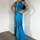 Robe de soirée longue en satin bleu vintage avec strass et col licou, nv4664
