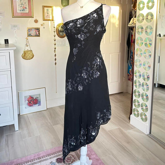 Black one shoulder beaded floral midi chiffon ball gown evening dress party dress nv4244