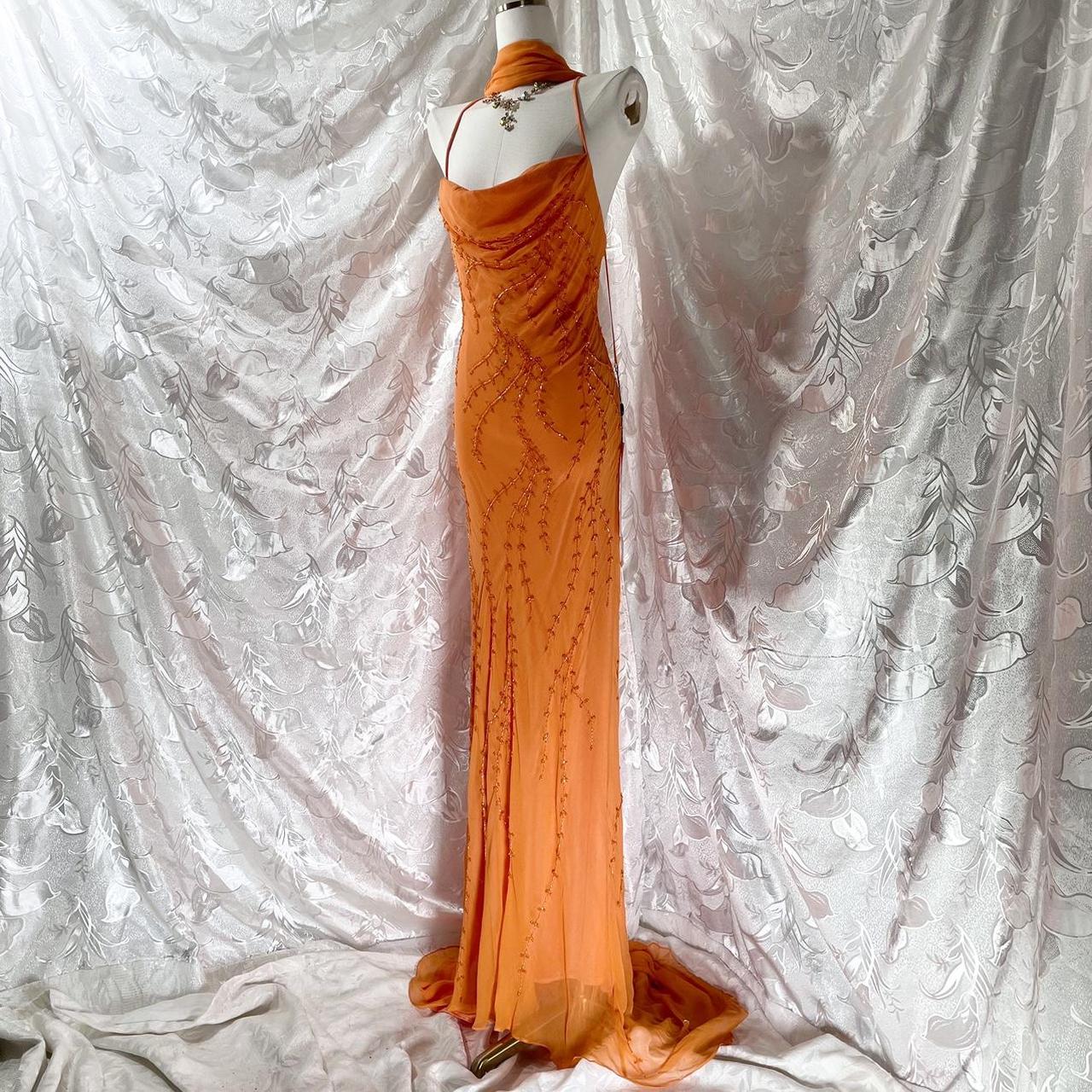 Orangefarbenes, exquisites, perlenbesetztes Spaghettiträger-Lang-Chiffon-Feenkleid, Ballkleid NV5413