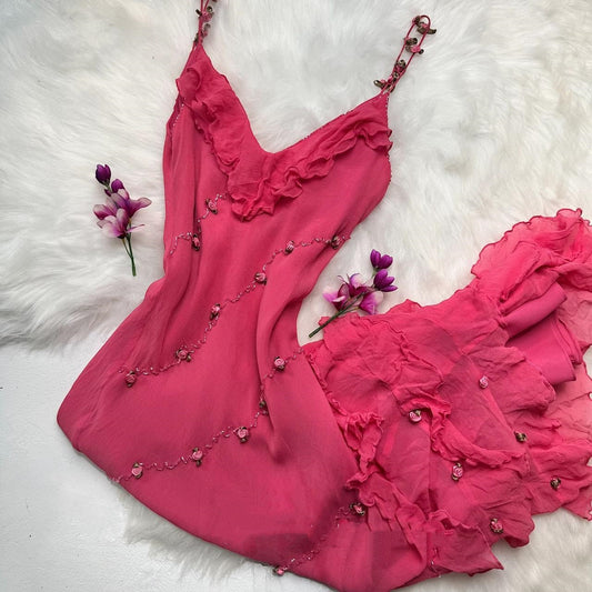 Robe de bal longue en mousseline de soie rose exquise et perlée nv5331