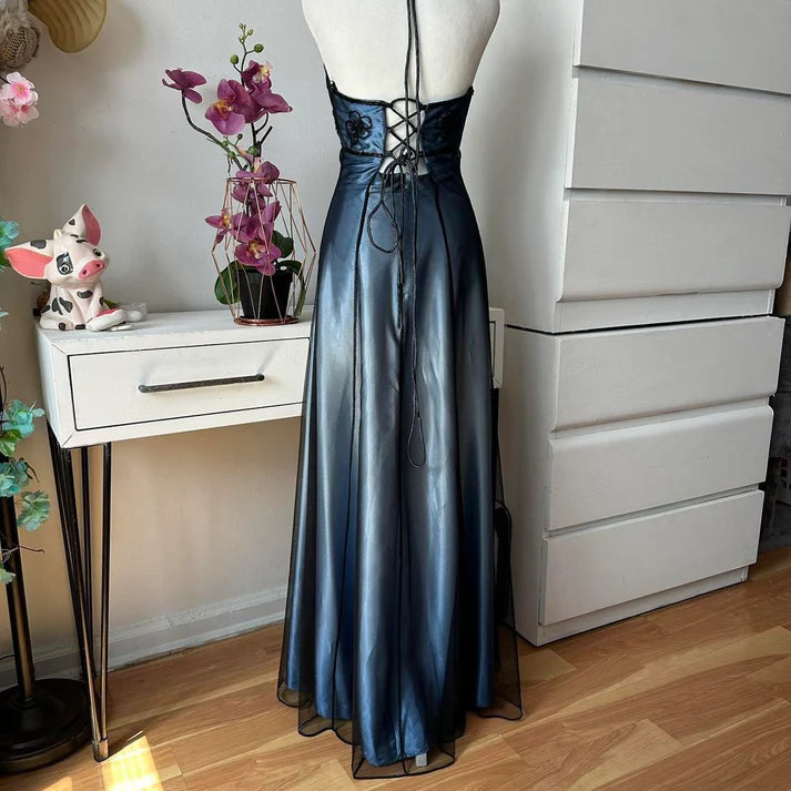 Robe de soirée longue en tulle bleu, magnifique, vintage, élégante, exquise, avec bretelles perlées, robe de bal, robe de soirée, robe de bal, nv4247