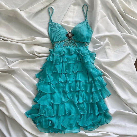 Robe de soirée en mousseline de soie à volants bleus, robe de bal, robe d'anniversaire, robe de soirée, nv4538