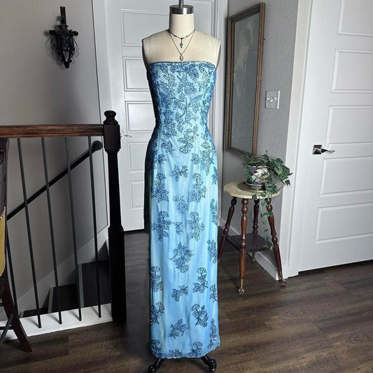 Blue Retro Fashion Elegant Luxury Gorgeous Exquisite Full Body Beaded Long Tulle Ball Gown Evening Gown Party Dress Prom Gown nv3923