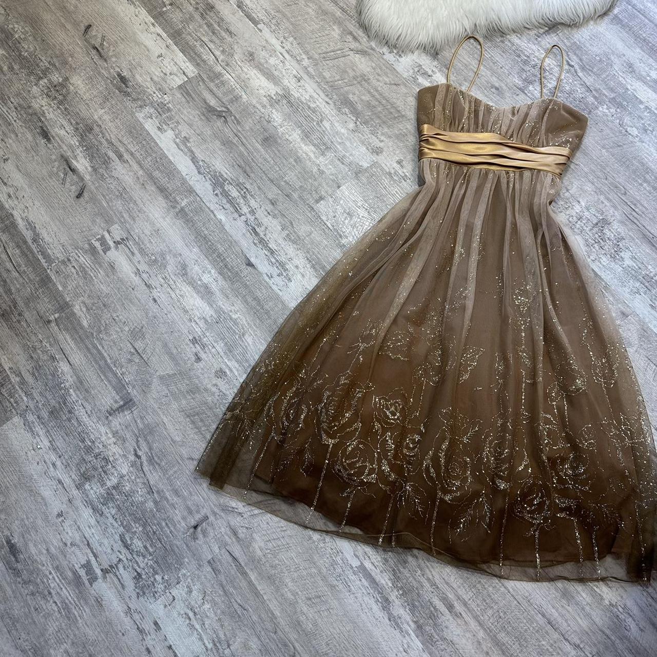 Robe de soirée courte en mousseline de soie à paillettes florales dorées Y2K marron, robe de bal, robe de soirée, robe de fête d'anniversaire, robe de banquet nv4564