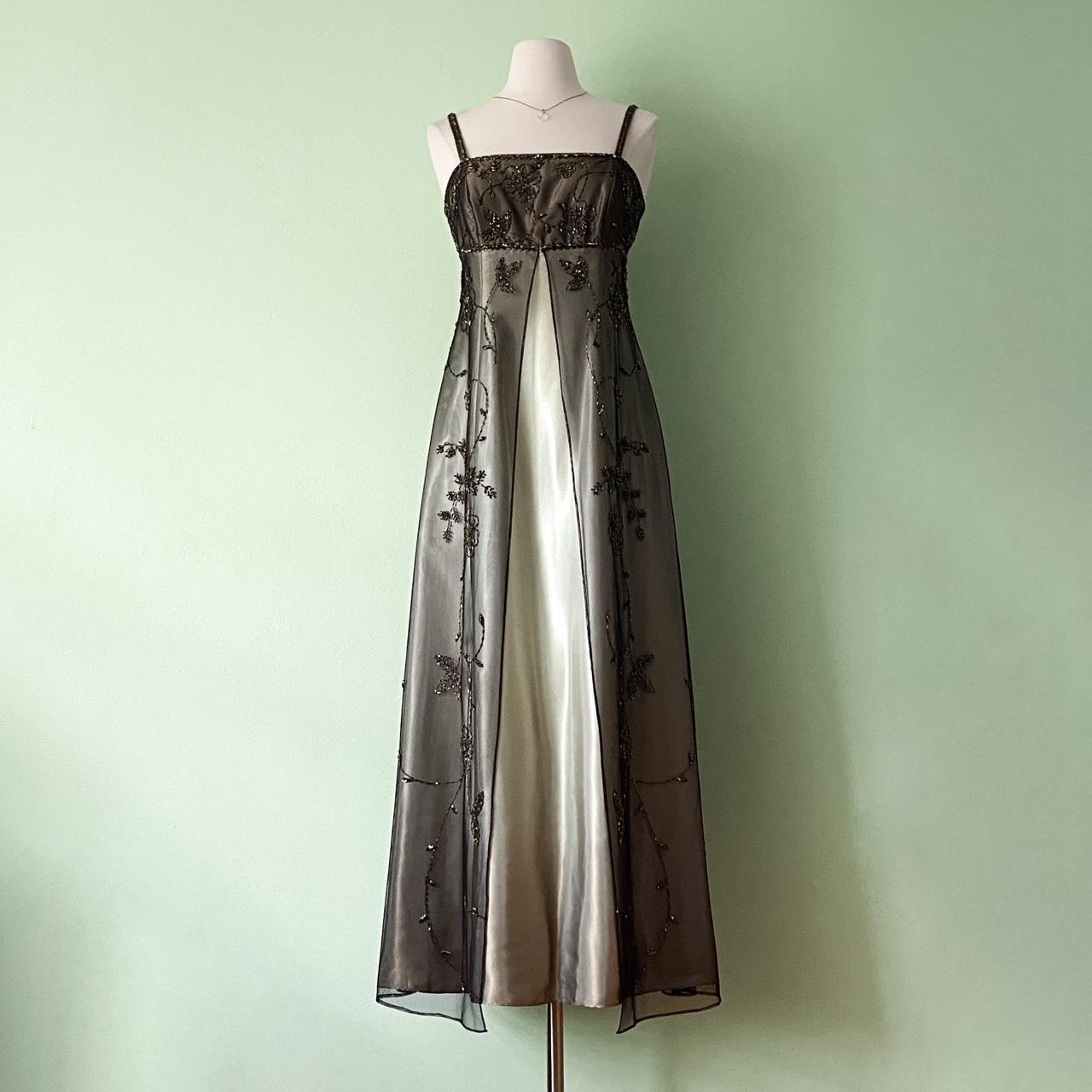 NiceVestidos - Goldfarbenes, zartes Blumenkleid mit Perlen, Vintage-Kleid, langes Tüll-Ballkleid für Damen, NV5647