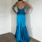 Robe de soirée longue en satin bleu vintage avec strass et col licou, nv4664