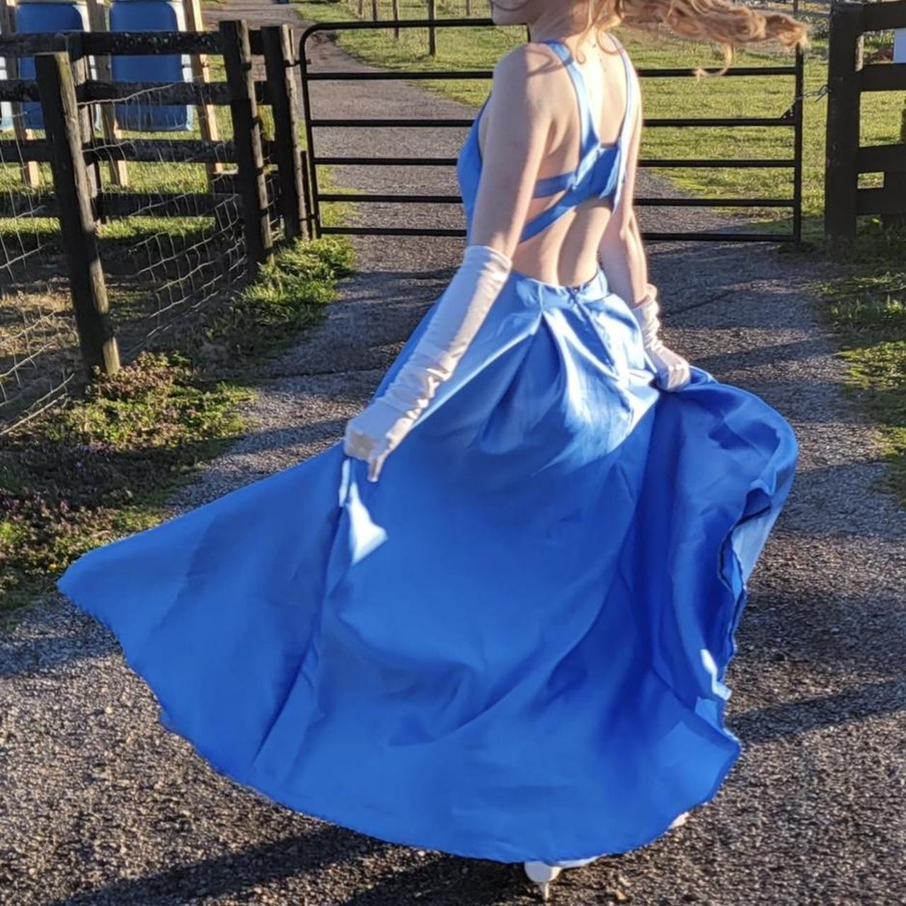 Blaues elegantes langes rückenfreies Satin-Ballkleid, Abendkleid, Partykleid, nv4215