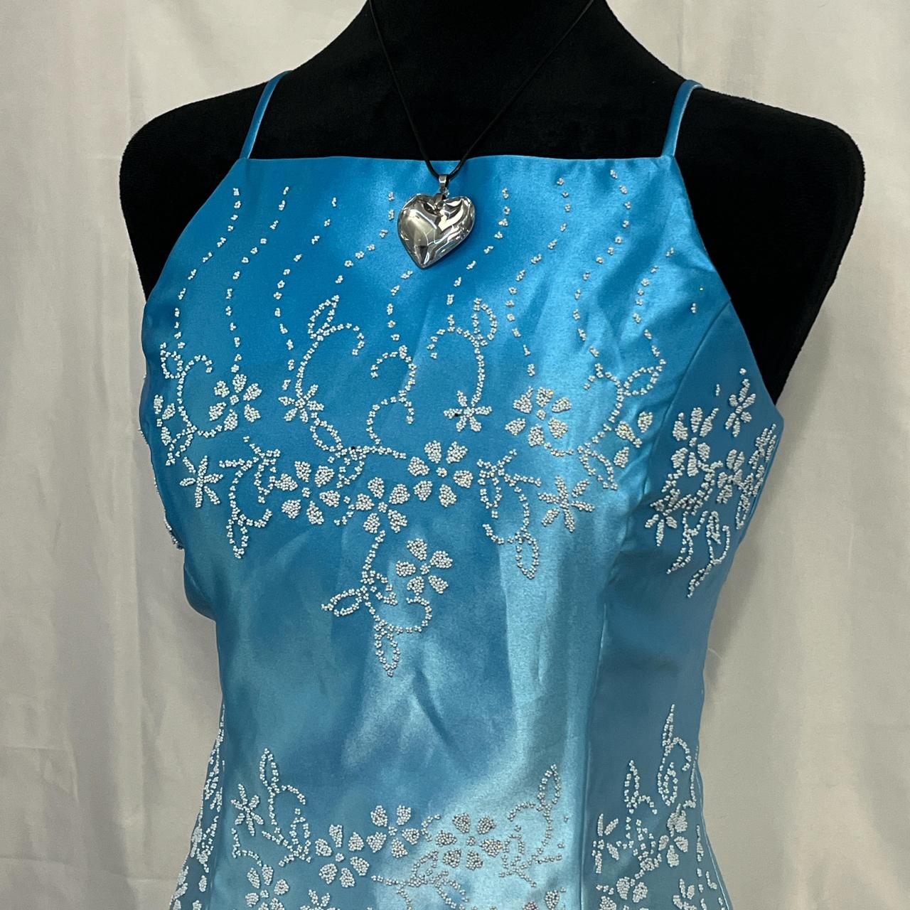 Blau Vintage Mode Gradienten Floral Perlen Elegante Lange Satin Party Kleid Abendkleid Ballkleid nv4600