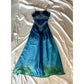💙Magnifique et unique robe de bal longue en mousseline de soie ombrée à perles bleues et vertes nv5381