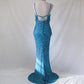 Robe de soirée longue vintage bleu aqua ornée de perles et de paillettes nv4986