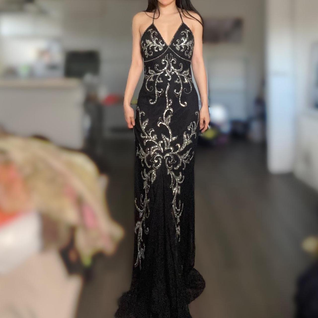 Robe de soirée longue en mousseline de soie et tulle, tenue de soirée, style vintage, noire, exquise, motif géométrique perlé, col licou, nv3809