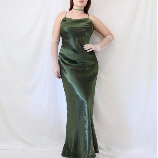 Vintage Grün Langes Satin Formales Ballkleid Abend Partykleid nv4985