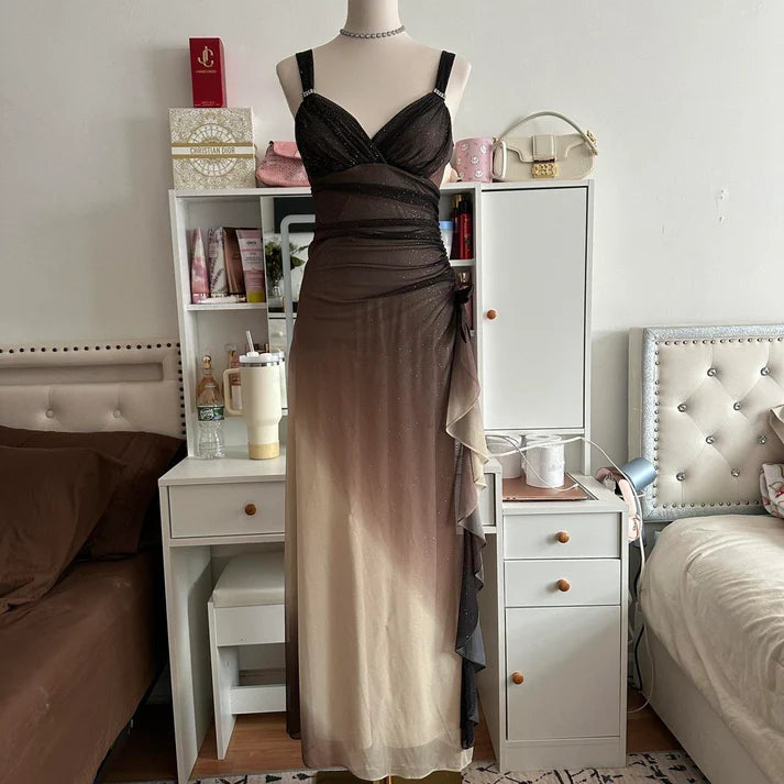 Robe longue à paillettes unique et élégante, dégradé marron et crème, robe de soirée vintage en mousseline de soie et tulle, robe de bal, robe de soirée, robe de bal nv4249