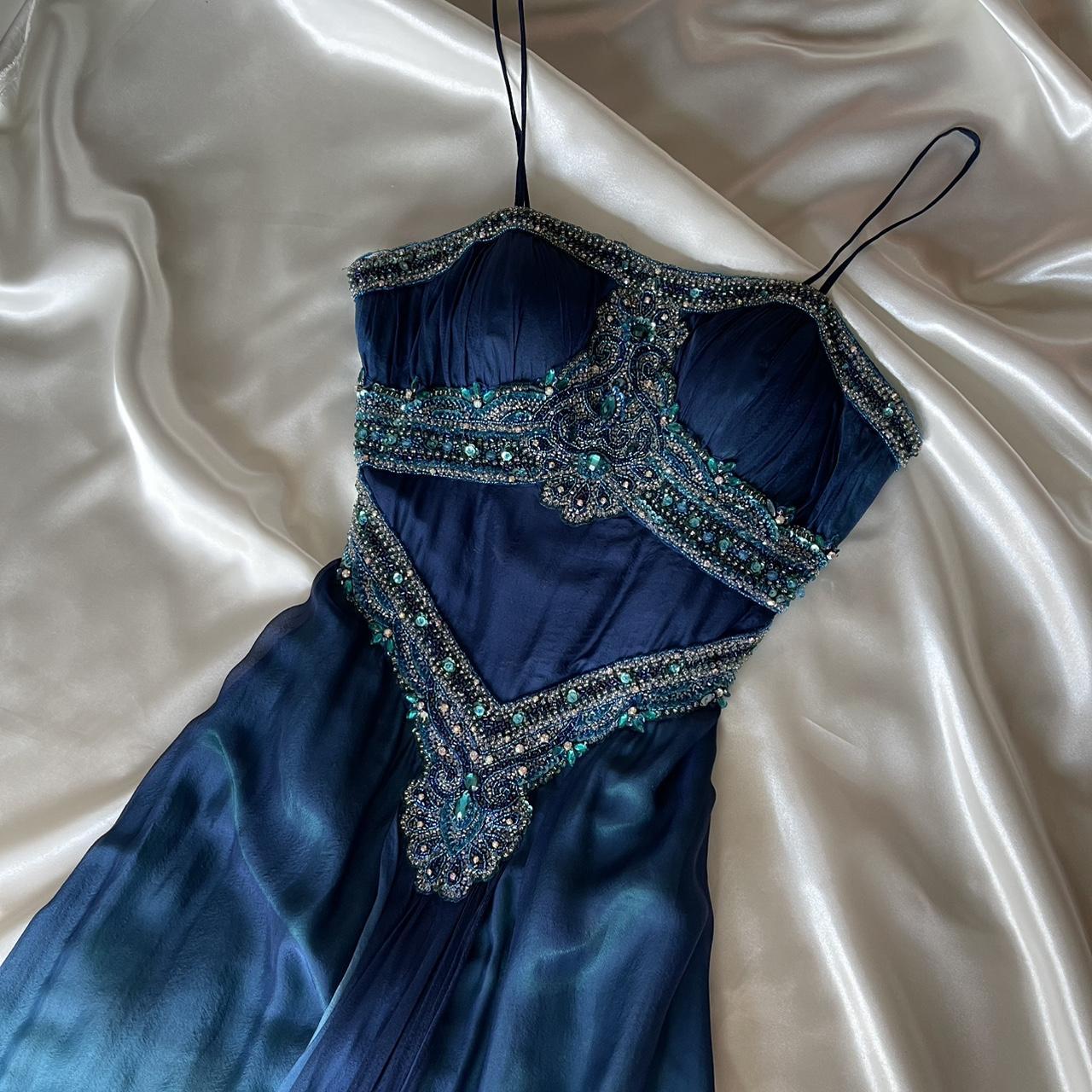 💙Magnifique et unique robe de bal longue en mousseline de soie ombrée à perles bleues et vertes nv5381