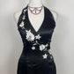 Schwarz und weiß schöne elegante Mode exquisite Blumen Spaghetti-Trägern lange Satin bodenlangen Ballkleid Abendkleid Partykleid nv3729