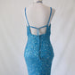 Robe de soirée longue vintage bleu aqua ornée de perles et de paillettes nv4986