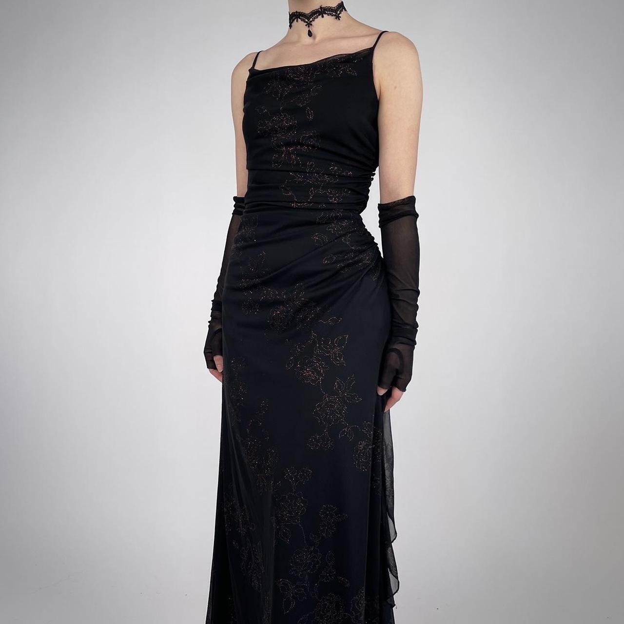 Robe de soirée longue et élégante en mousseline de soie, noire, brillante, vintage, à la mode, exquise, à bretelles spaghetti, à volants, robe de bal, robe de soirée, robe de bal nv3756
