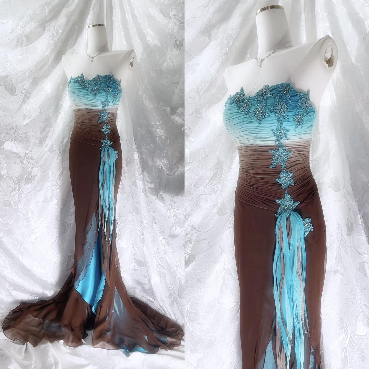 Robe sirène longue en mousseline de soie, dégradé bleu-marron, exquise, perlée, robe de bal nv5417