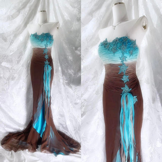 Blau braun mode gradienten fee exquisite perlen lange chiffon meerjungfrau kleid prom kleid nv5417