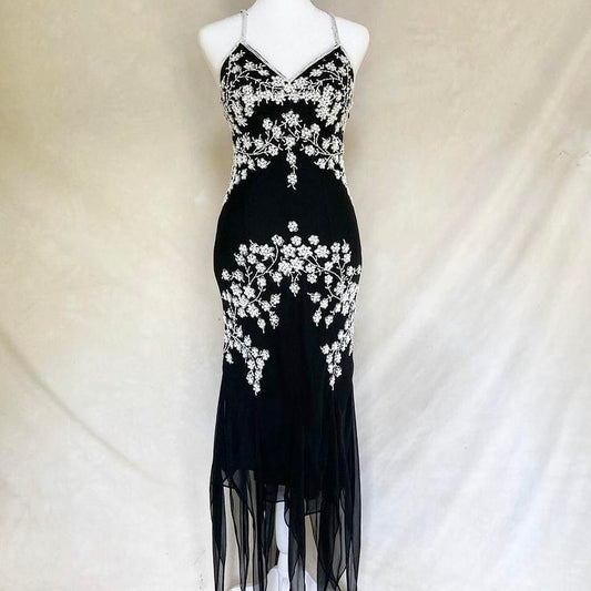 Schwarzes Vintage-Feenkleid mit Perlen, wunderschönes fließendes Y2K-Kleid, florales Perlenkleid, Ballkleid, Abendkleid, Partykleid, nv4239