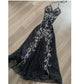 Robe de soirée longue en mousseline de soie et tulle, tenue de soirée, style vintage, noire, exquise, motif géométrique perlé, col licou, nv3809