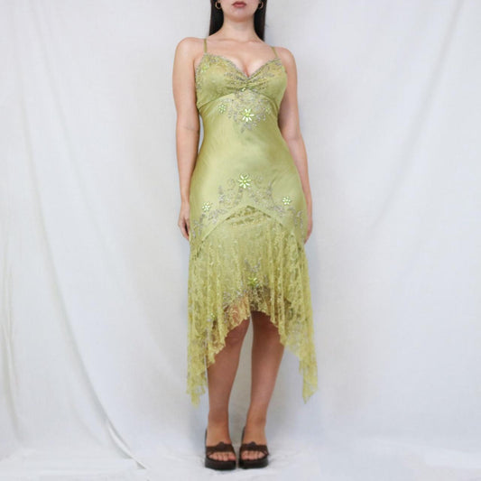 ✨💚Vintage Perlenbesetztes Chartreuse Fairy Langes Minikleid aus Spitze für formelle Heimkehr, Geburtstagspartykleid nv4990