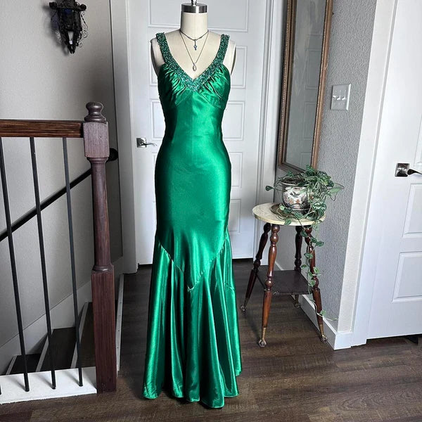 Robe de soirée moulante longue en satin vert brillant, style vintage, sexy, col en V, strass, dos nu, robe de bal formelle, robe de soirée, nv4418