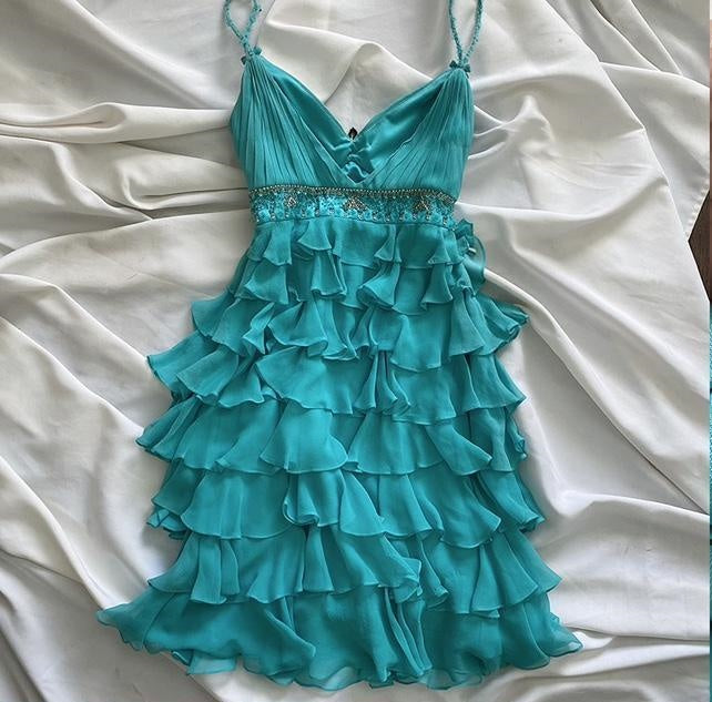 Robe de soirée en mousseline de soie à volants bleus, robe de bal, robe d'anniversaire, robe de soirée, nv4538