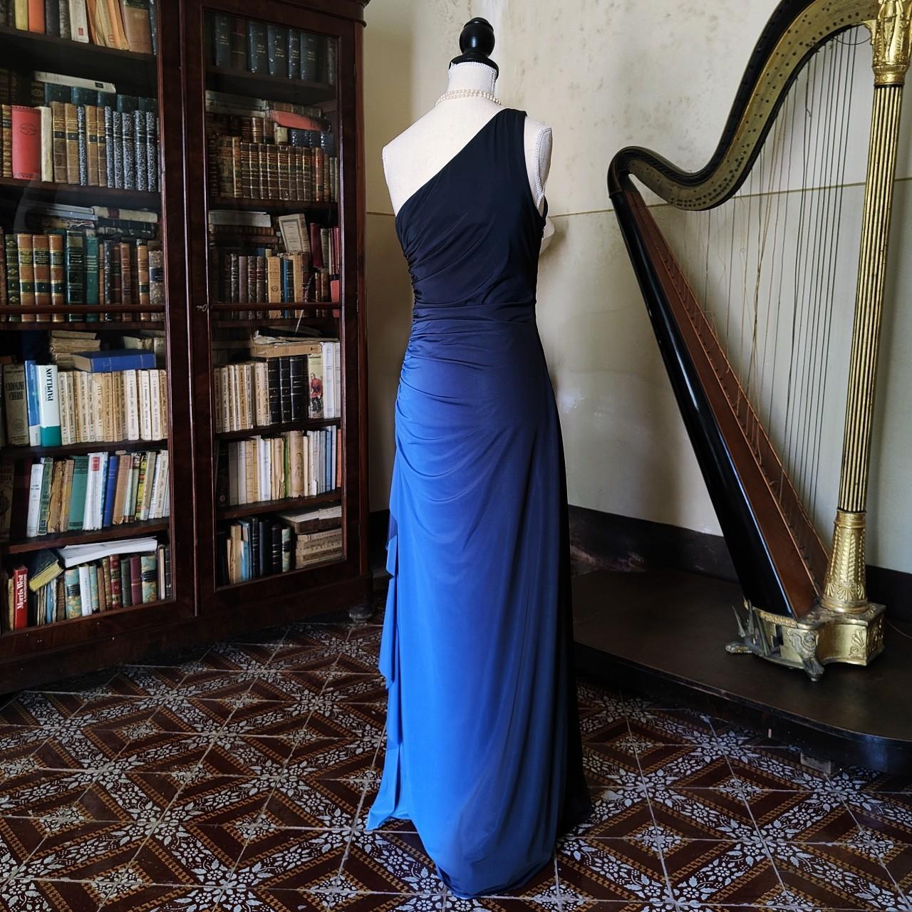 Robe de soirée longue en mousseline de soie, élégante, asymétrique épaule dénudée, bleu rétro, dégradé de mode, robe de soirée, robe de soirée nv3719