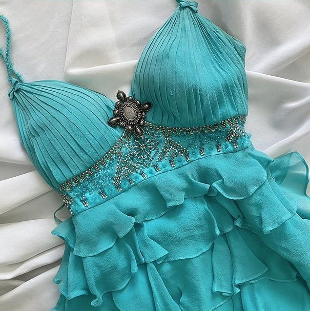 Robe de soirée en mousseline de soie à volants bleus, robe de bal, robe d'anniversaire, robe de soirée, nv4538