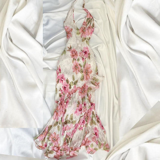 Robe de soirée longue en mousseline de soie rose à fleurs, élégante, robe de bal, nv4599