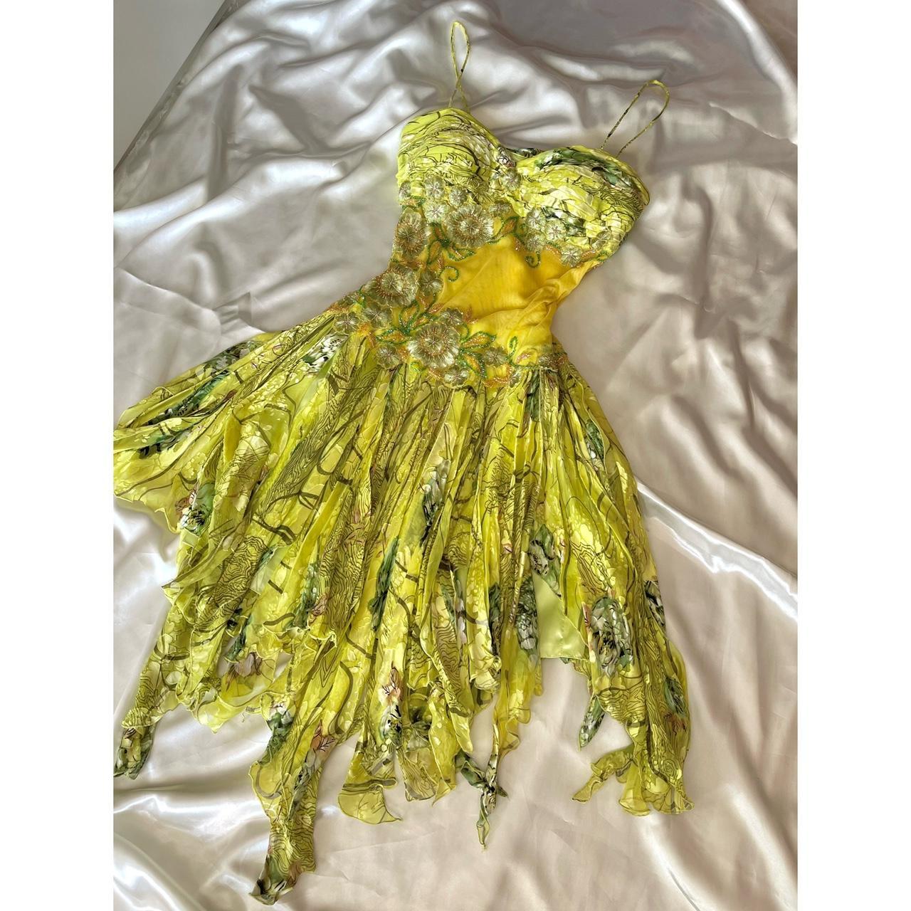 Robe de soirée courte jaune et verte, motif floral, perles, style féerique, en mousseline de soie, tenue de bal, nv5389