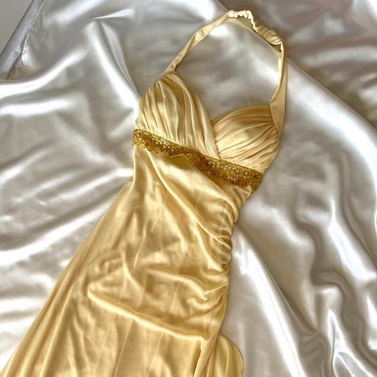 ✨Bretelles de mode jaune beurre unique paillettes scintillantes décolleté en cœur dos nu perles gland longue robe de bal en mousseline de soie nv5378