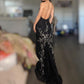 Robe de soirée longue en mousseline de soie et tulle, tenue de soirée, style vintage, noire, exquise, motif géométrique perlé, col licou, nv3809