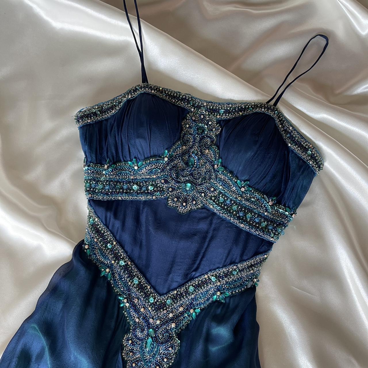 💙Magnifique et unique robe de bal longue en mousseline de soie ombrée à perles bleues et vertes nv5381