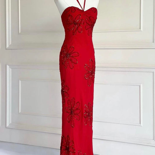 🌹Rotes Vintage-Maxikleid im Boho-Stil der 90er und Y2K mit floralen Perlen und Neckholder, Ballkleid, Abendkleid, Partykleid, NV4410