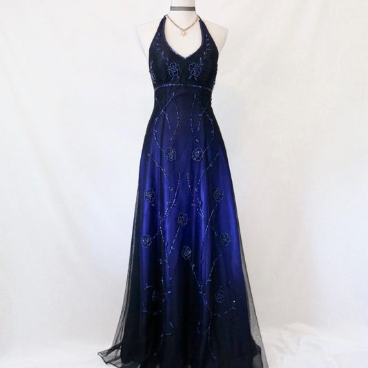 🥀 Vintage Dunkelblau Glitzer Ombre Perlen Langes Tüll Ballkleid Abendkleid Partykleid nv4980