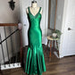 Robe de soirée moulante longue en satin vert brillant, style vintage, sexy, col en V, strass, dos nu, robe de bal formelle, robe de soirée, nv4418
