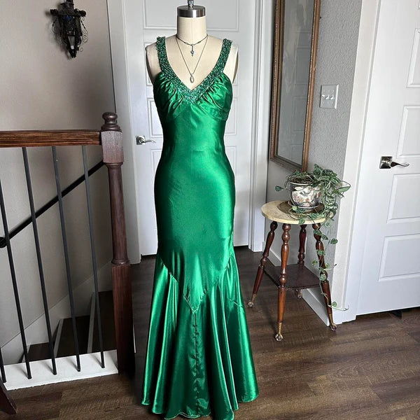 Robe de soirée moulante longue en satin vert brillant, style vintage, sexy, col en V, strass, dos nu, robe de bal formelle, robe de soirée, nv4418