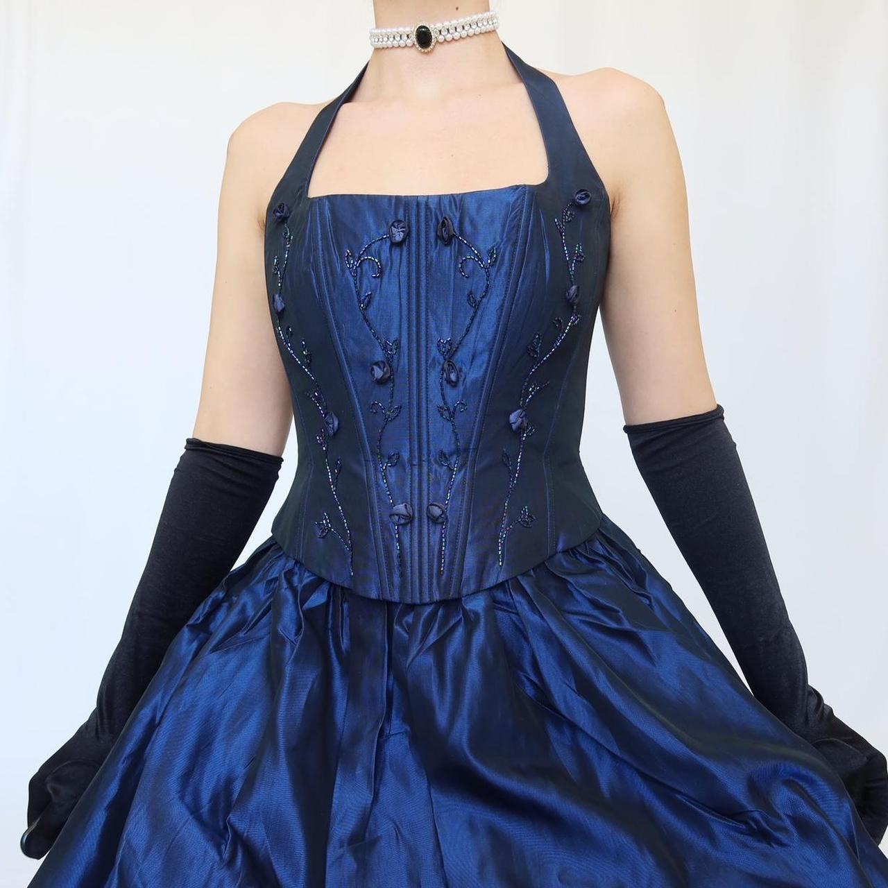 Blau Vintage Elegante Zarte Blumen Perlen Quadratischen Hals Neckholder Lange Satin Fee Ballkleid Abendkleid Geburtstag Party Kleid Ballkleid nv4002