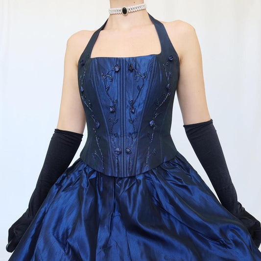 Blau Vintage Elegante Zarte Blumen Perlen Quadratischen Hals Neckholder Lange Satin Fee Ballkleid Abendkleid Geburtstag Party Kleid Ballkleid nv4002