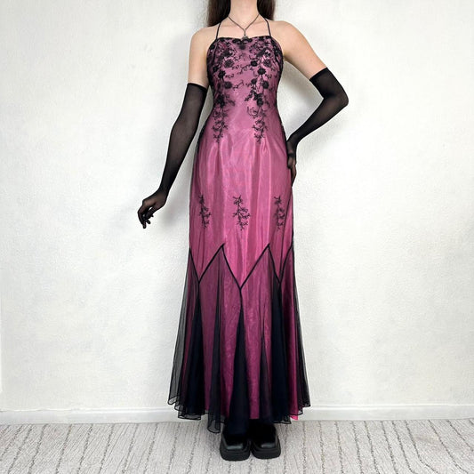 Vintage Schwarz und Pink Gothic Vampir Perlen Blumen Lange Chiffon Abendkleid Ballkleid nv5401
