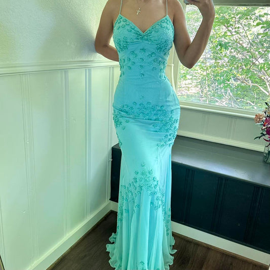 Blau wunderschöne exquisite Perlen lange Chiffon Ballkleid Abendkleid Partykleid nv4615