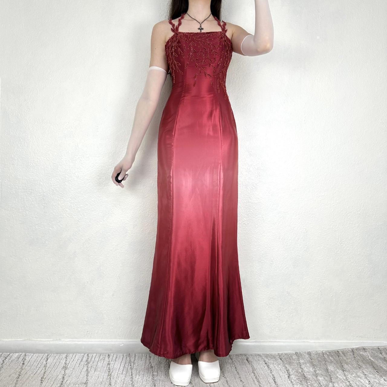 Vintage Rot/Rosa Farbverlauf Perlen Stickerei Lange Satin Formale Kleid Ballkleid Gothic Vampir nv5403
