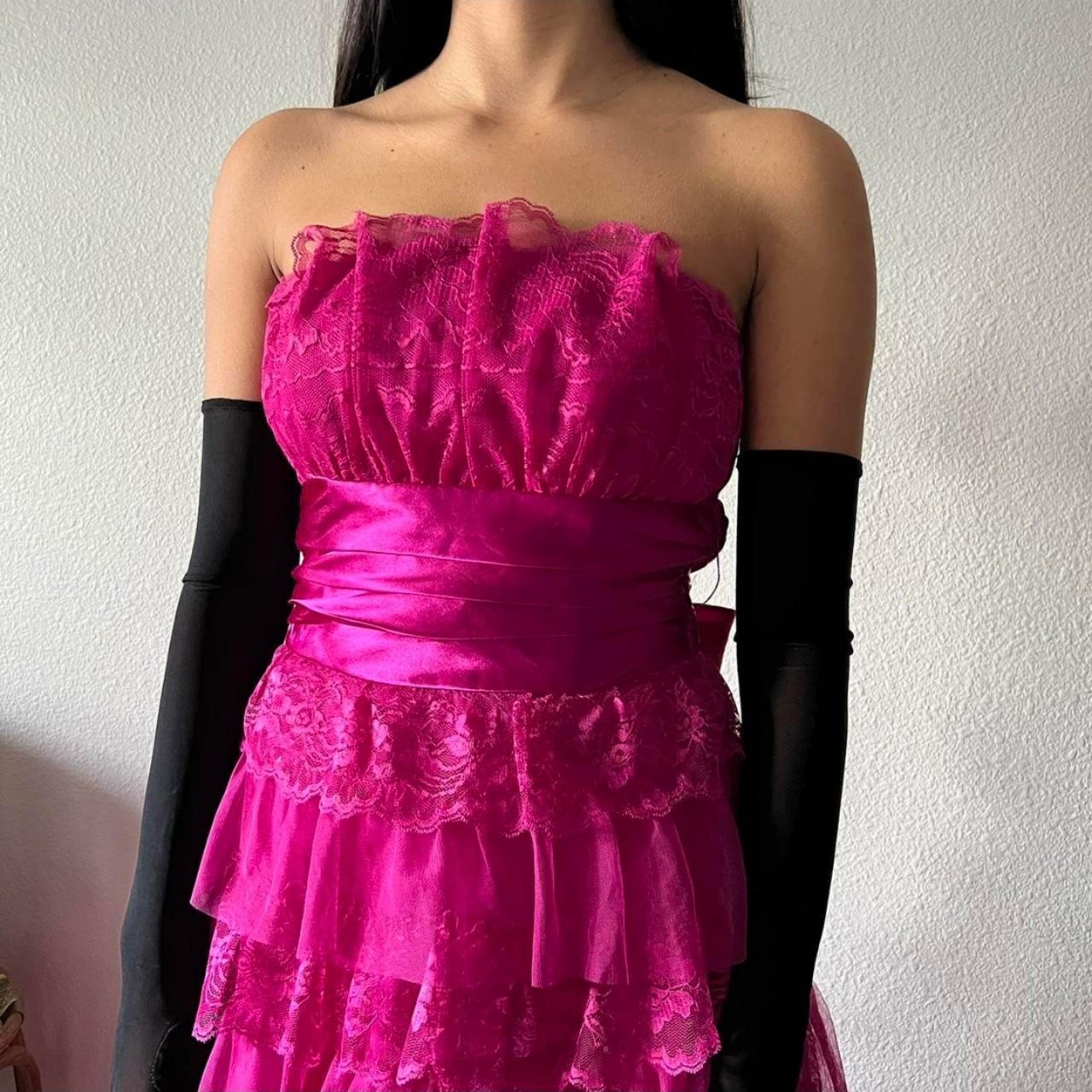 Robe de soirée longue rose élégante en dentelle, à volants, style princesse, nv3747