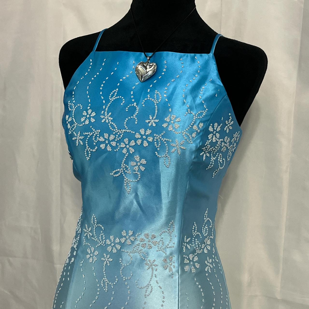 Blau Vintage Mode Gradienten Floral Perlen Elegante Lange Satin Party Kleid Abendkleid Ballkleid nv4600