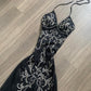 Robe de soirée longue en mousseline de soie et tulle, tenue de soirée, style vintage, noire, exquise, motif géométrique perlé, col licou, nv3809
