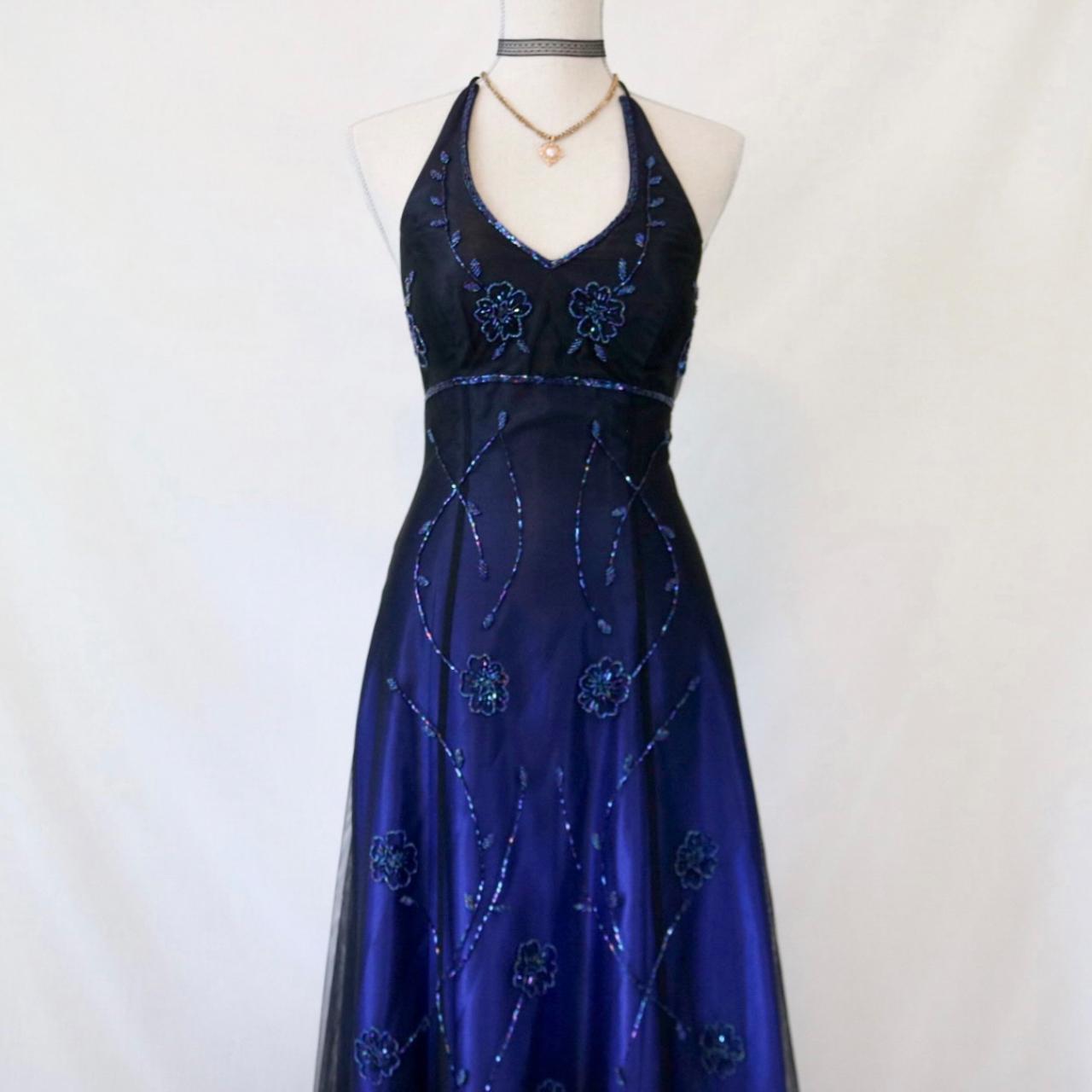 Robe de soirée longue en tulle bleu foncé à paillettes et perles, style vintage, robe de soirée nv4980